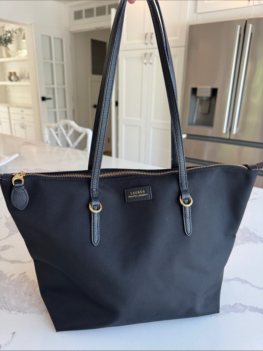 Lauren Ralph Lauren Chadwick Oxford nylon black gold tote bag purse zipper
